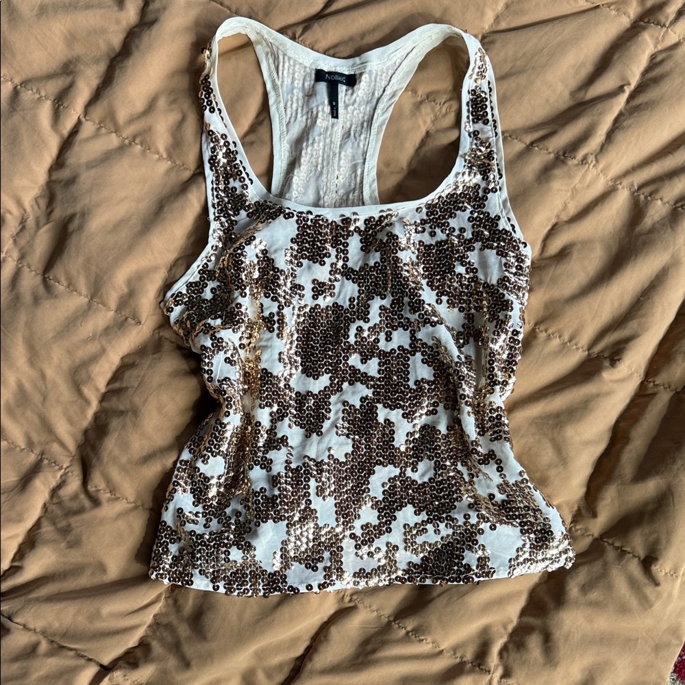 Sequin Embellished Tank Top - White and Brown